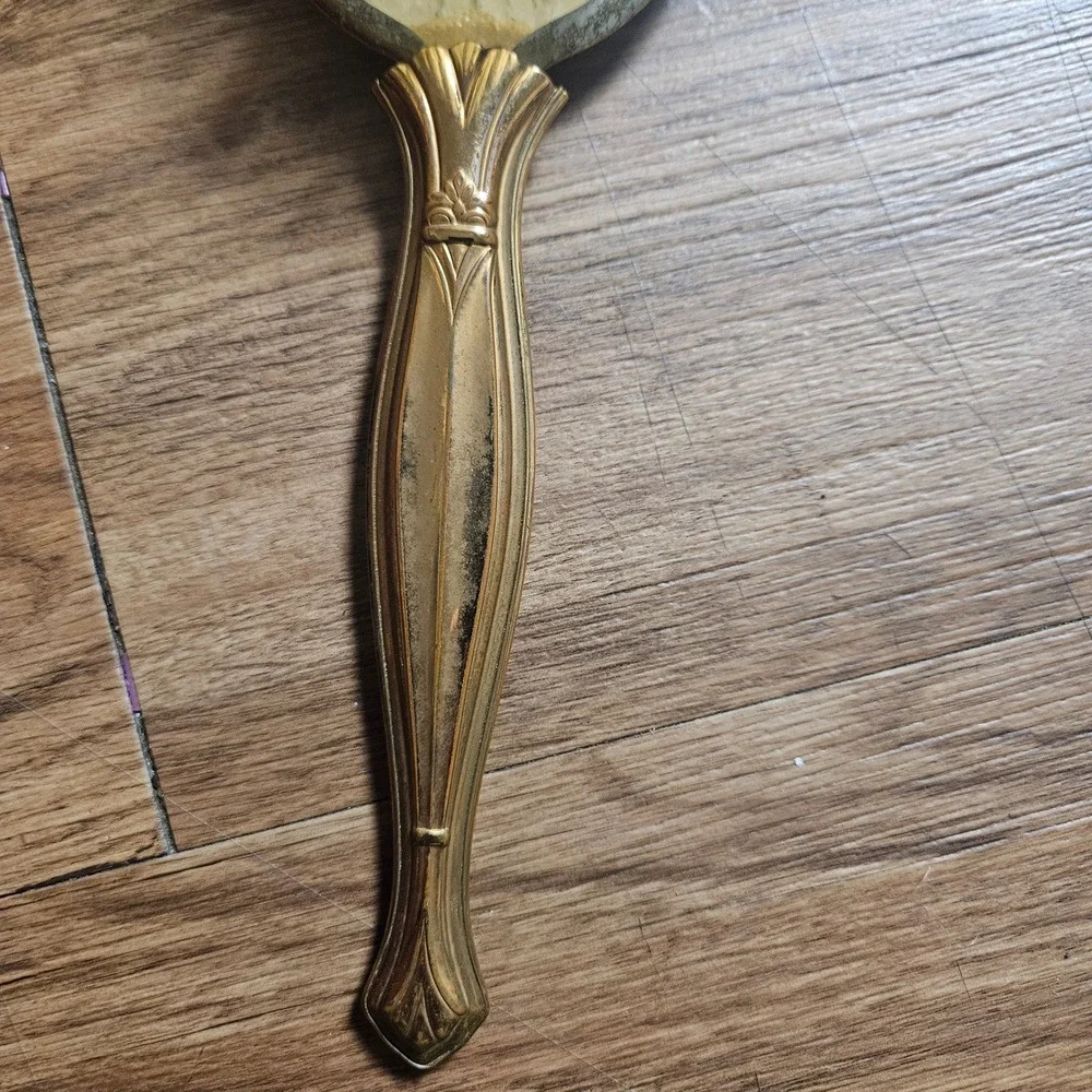 Vintage 50s 60s Handheld Regency Gold Tone Shield Hairbrush 3D Floral Branch 10